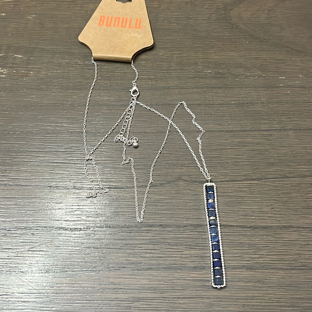 New! Bunulu silver necklace with blue beads bar.